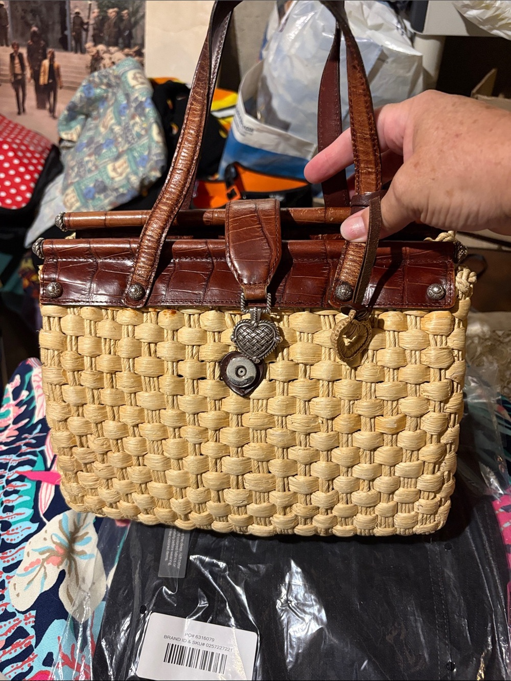 Brighton Woven Straw Tote with Brown Leather Trim and Charms